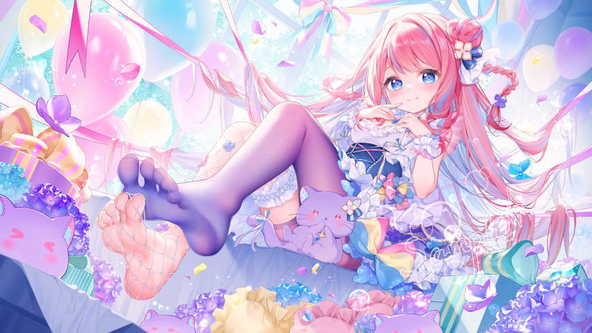 1girl asymmetrical_legwear balloon blue_eyes blue_hair commentary_request dress feet fishnets flower hair_ornament highres indie_virtual_youtuber long_hair looking_at_viewer mismatched_legwear multicolored_hair no_shoes pink_hair sample_watermark smile soles solo spread_toes suaynnai_wanzi temari_hanan thighhighs toes virtual_youtuber watermark