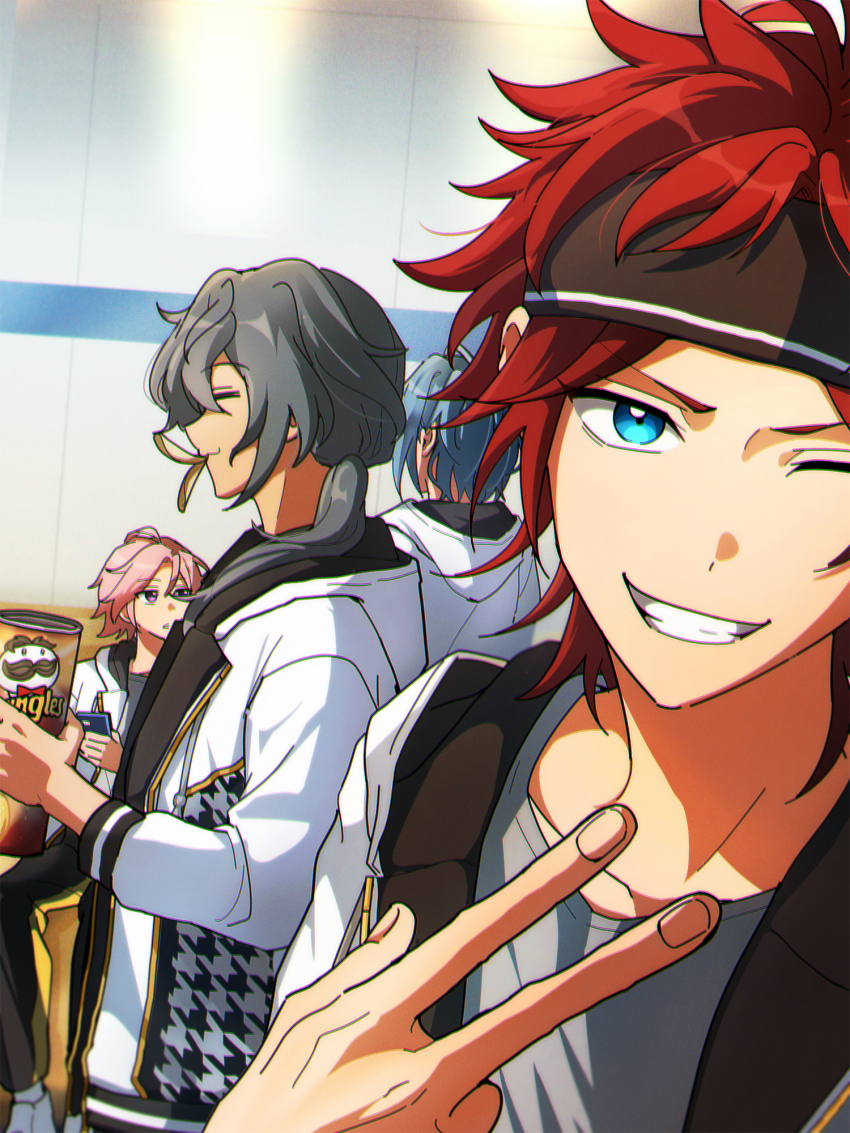 10gerine 4boys ;d =_= amagi_rinne black_headband blue_eyes ceiling_light chips_(food) chromatic_aberration crazy_b_(ensemble_stars!) ensemble_stars! food grey_hair grin hand_up headband highres himeru_(ensemble_stars!) hood hood_down hoodie indoors inward_v male_focus matching_outfits mouth_hold multiple_boys one_eye_closed open_mouth oukawa_kohaku pringles pringles_can red_hair selfie shiina_niki smile v