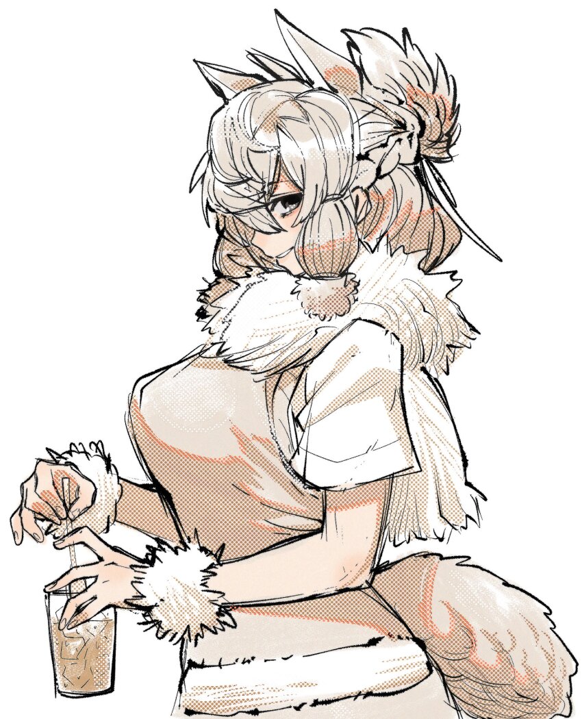 1girl alpaca_ears alpaca_girl alpaca_suri_(kemono_friends) alpaca_tail animal_ears blonde_hair blush breasts commentary cup fur_collar fur_trim hair_bun hair_over_one_eye highres horizontal_pupils kemono_friends large_breasts long_sleeves looking_at_viewer notora open_mouth shirt short_hair smile solo stirring tail white_hair