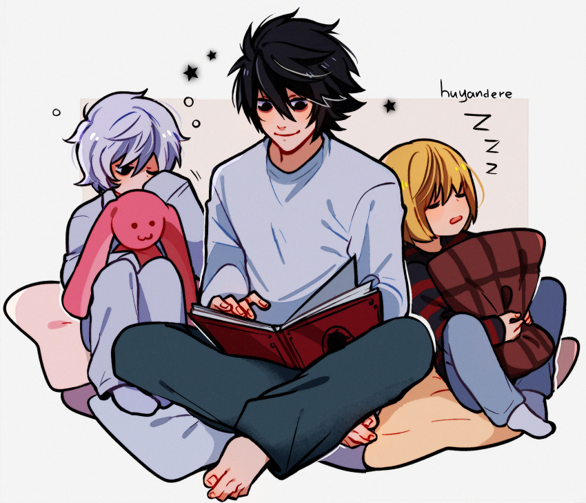 3boys absurdres aged_down black_hair blonde_hair bob_cut book child death_note highres huyandere l_(death_note) male_focus mello_(death_note) multiple_boys near_(death_note) pants pillow sitting sleeping sleepy smile socks stuffed_animal stuffed_toy white_hair