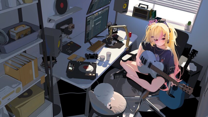 1girl absurdres acoustic_guitar ahoge backlighting black_shoes black_shorts blonde_hair book cactus chair computer_keyboard converse cup day dj_controller electric_guitar gradient_hair guitar hair_ornament hairclip halo heart heart_ahoge highres holding holding_guitar holding_instrument indian_style indie_virtual_youtuber indoors instrument jewelry long_hair looking_at_object microphone mixing_console monitor multicolored_hair multiple_monitors music necklace nintendo_switch on_chair ophanim_halo parallel_hairclips phonograph pink_eyes pink_hair pink_halo pink_streaks plant playing_guitar playing_instrument potted_plant purple_shirt second-party_source sheet_music shelf shirt shoes shorts sitting solo speaker star_(symbol) star_in_eye streaked_hair studio_microphone suko_(vtuber) symbol_in_eye table tag turntable twintails vinyl_record virtual_youtuber window window_blinds wireless_game_controller yuebanmao