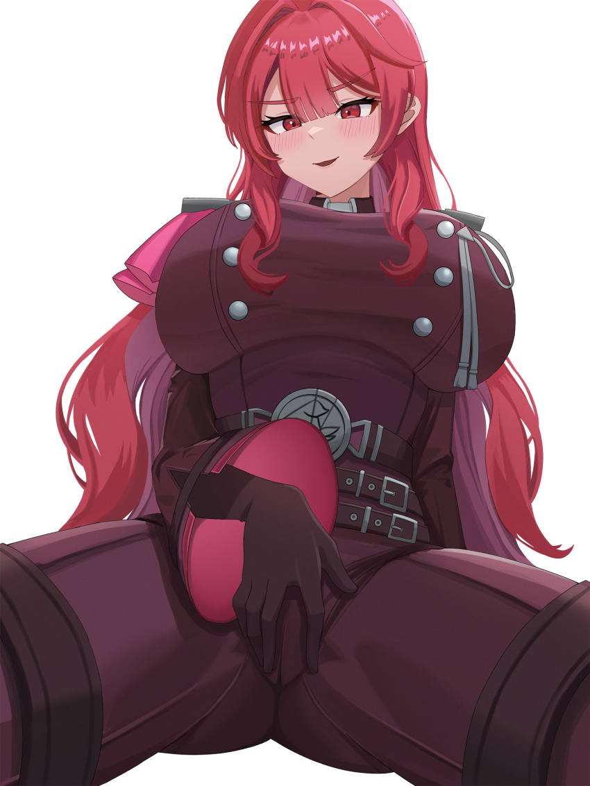 1girl absurdres arm_support belt black_gloves blunt_bangs blush breasts buttons commentary curvy double-breasted duel_monster epaulettes exosister_karmael exosister_martha gloves hair_between_eyes hand_on_own_crotch highres jacket large_breasts long_hair long_sleeves looking_at_viewer military_jacket military_uniform open_mouth pants red_belt red_eyes red_hair red_jacket red_pants sidelocks simple_background sitting solo taut_jacket thick_thighs thighs tina_(tina030) very_long_hair white_background wide_sleeves yu-gi-oh!