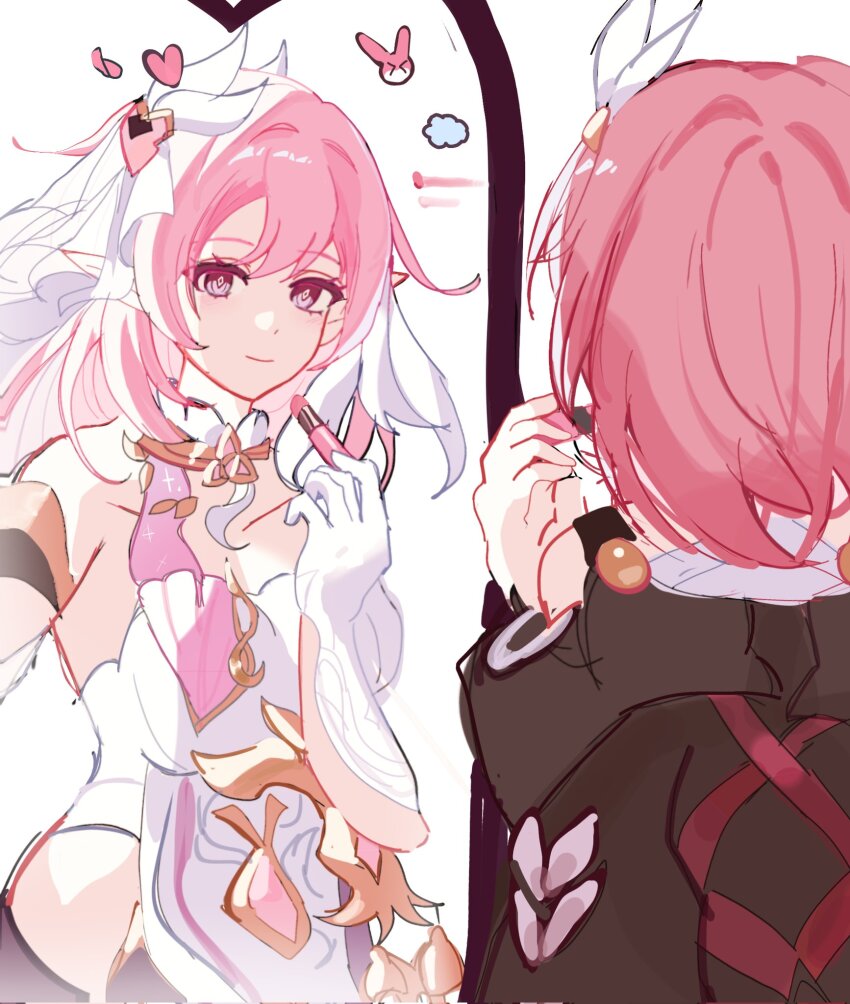1girl applying_lipstick applying_makeup breasts brown_dress cleavage commentary_request company_connection corset cosmetics cyrene_(honkai:_star_rail) diamond-shaped_pupils diamond_(shape) dress elf elysia_(herrscher_of_human:_ego)_(honkai_impact) elysia_(honkai_impact) from_behind gloves hair_ornament highres holding holding_lipstick_tube honkai:_star_rail honkai_(series) honkai_impact_3rd inoue_marina ko_(assd_009) korean_commentary large_breasts lipstick_tube long_hair looking_at_mirror medium_hair mirror pink_hair pointy_ears purple_eyes symbol-shaped_pupils trait_connection triquetra veil very_long_hair voice_actor_connection white_corset white_gloves white_veil yanning