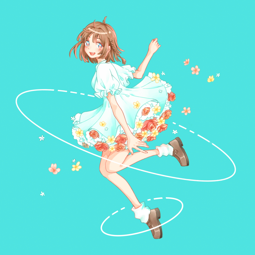1girl :d absurdres aqua_background arm_up blue_eyes blush braid bright_pupils brown_hair brown_shoes commentary dress dress_flower fingernails flower frilled_dress frilled_sleeves frills full_body highres looking_at_viewer loose_socks open_mouth orange_flower orange_rose original pink_eyes pink_flower rose sdrzkaige shoes short_dress short_hair short_sleeves simple_background smile socks solo white_dress white_pupils white_socks yellow_flower