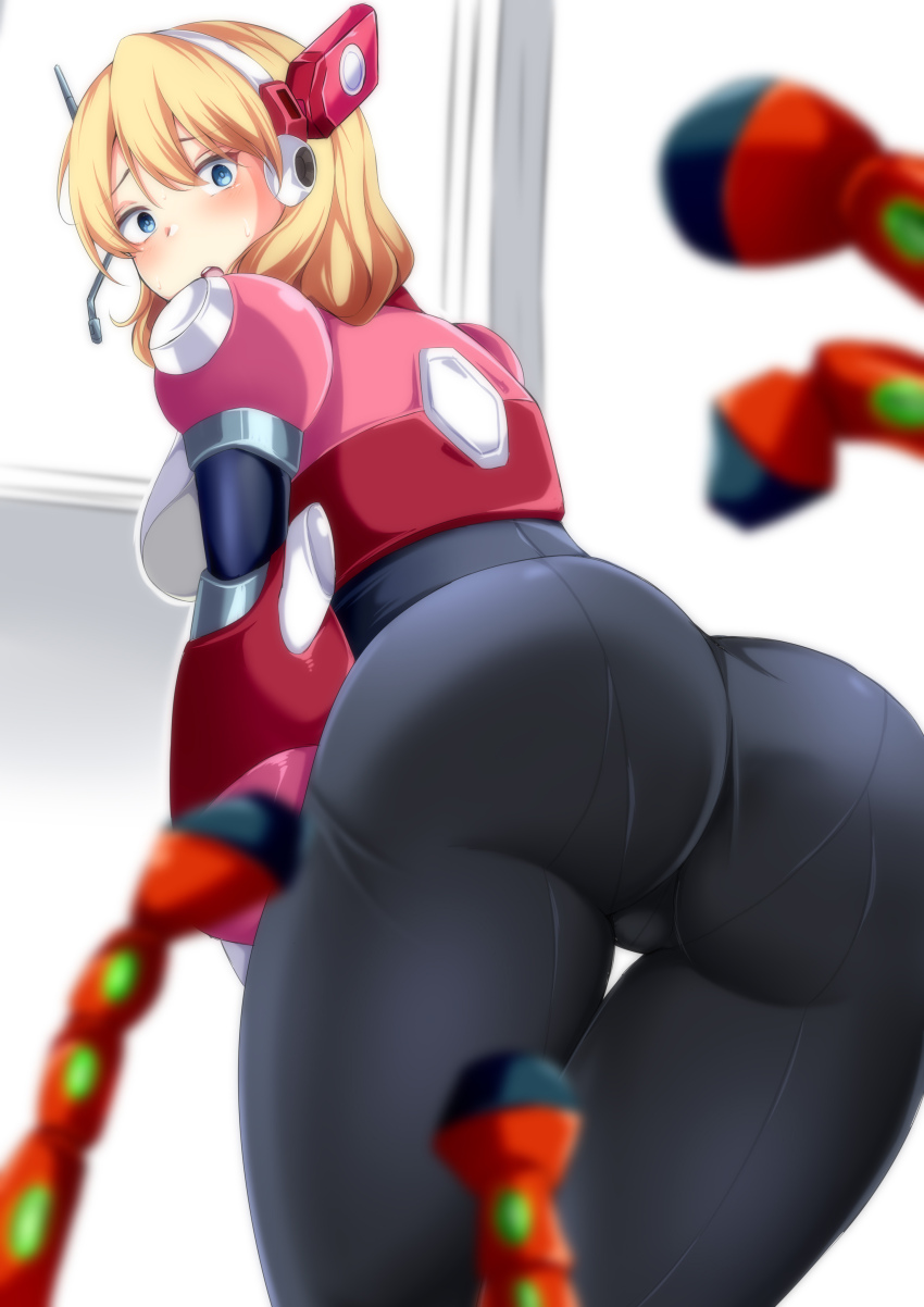 1girl absurdres alia_(mega_man) android armor ass ass_focus black_bodysuit blonde_hair blue_eyes blurry blurry_foreground blush bodysuit breasts commentary cowboy_shot from_behind gloves hair_between_eyes headset highres large_breasts leaning_forward long_hair looking_at_viewer mega_man_(series) mega_man_x_(series) open_mouth pandacross pink_armor robot_ears robot_girl sidelocks solo standing sweat teeth tentacles thigh_gap upper_teeth_only white_gloves