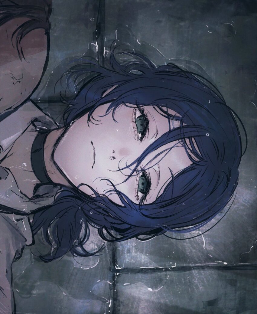 1boy 1girl blue_eyes chainsaw_man choker green_eyes hair_between_eyes highres looking_at_viewer lying moku_(muooku) on_back reze_(chainsaw_man) scene_reference shirt sideways solo_focus typhoon_devil&#039;s_contractor_(chainsaw_man) water wet white_shirt wide-eyed