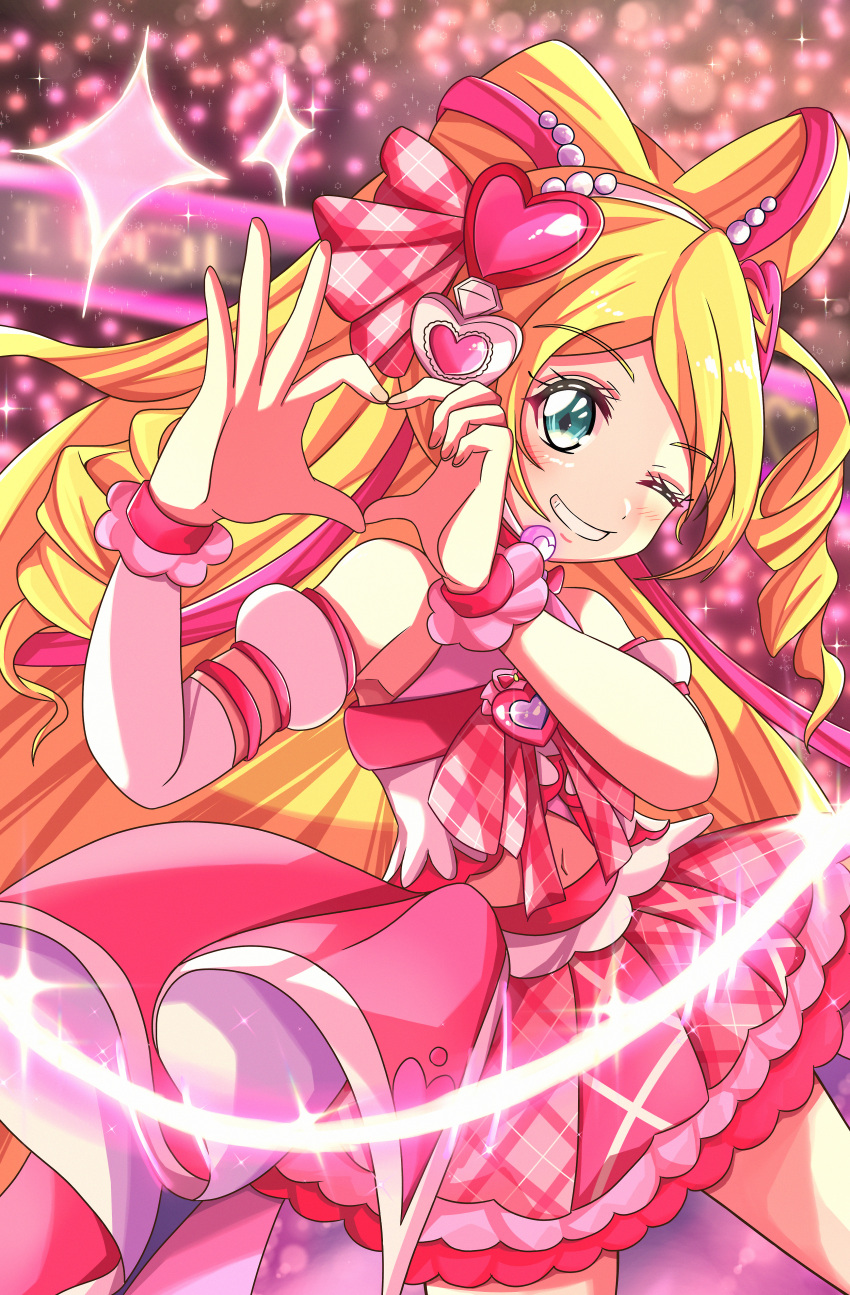 1girl absurdres arm_warmers blonde_hair blue_eyes blush brooch commentary_request crop_top cure_idol detached_sleeves drill_hair hair_ornament hair_ribbon hairband headset heart heart_brooch heart_hair_ornament heart_hands highres jewelry kimi_to_idol_precure long_hair magical_girl midriff mitsuzuki_(ksvy3542) navel one_eye_closed open_mouth pink_ribbon pink_shirt pink_skirt precure puffy_detached_sleeves puffy_sleeves ribbon sakura_uta_(precure) shirt single_arm_warmer skirt smile solo twin_drills white_hairband wrist_cuffs