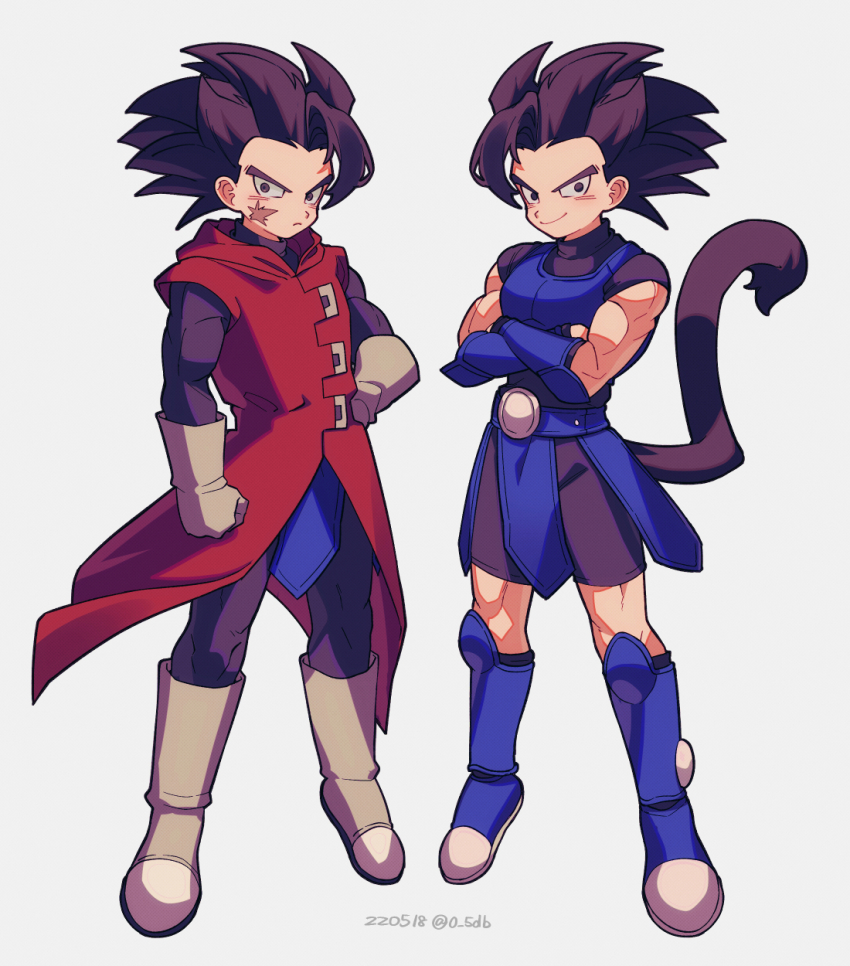 2boys aged_down armor black_eyes black_hair blue_footwear boots brothers closed_mouth coat commentary_request crossed_arms dated dragon_ball dragon_ball_legends facial_scar giblet_(dragon_ball) gloves grey_background grey_footwear grey_gloves hand_on_own_hip highres hood hood_down hooded_coat looking_at_viewer male_focus monkey_tail multiple_boys red_coat saiyan_armor scar scar_on_cheek scar_on_face shallot_(dragon_ball) siblings simple_background smile spiked_hair standing tail twins twitter_username zero-go