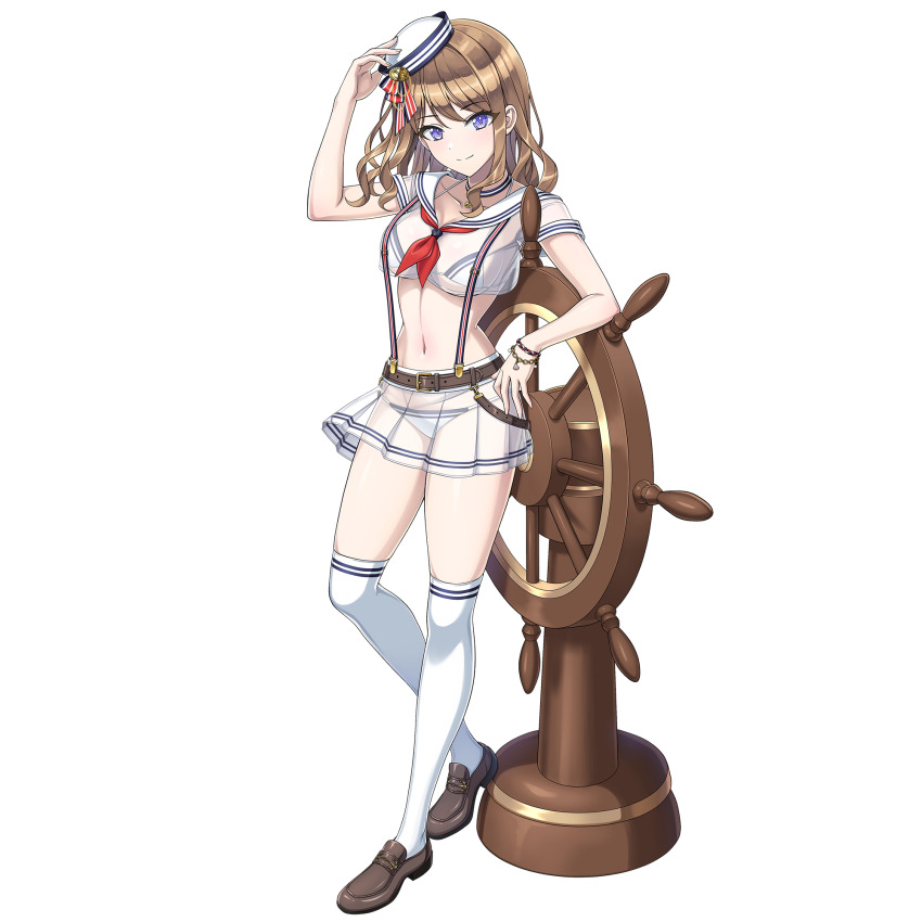 1girl bird breasts brown_hair closed_mouth crop_top dolphin_wave game_cg hat helm helmet highres looking_at_viewer medium_breasts mini_hat navel neckerchief non-web_source official_art ootomo_takuji purple_eyes red_neckerchief sailor sailor_collar see-through_clothes see-through_shirt see-through_skirt shirt skindentation skirt smile solo suminoe_shion suspenders thighhighs transparent_background wig