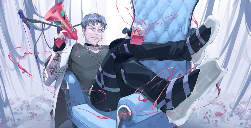 1boy absurdres black_pants ch4nge_(cevio) chair character_request choker gloves grey_shirt grimace highres holding holding_cube jungki_dr long_sleeves looking_at_viewer male_focus megaphone pants shirt short_hair sitting_sideways solo
