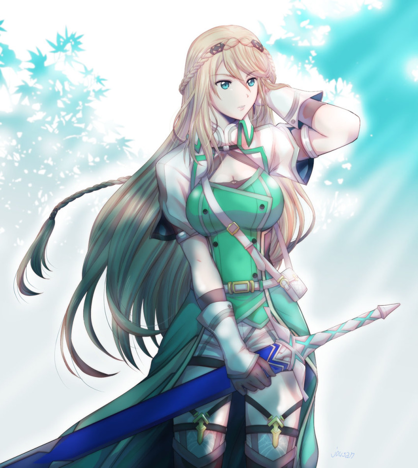 1girl artist_name bag belt belt_buckle blonde_hair blue_eyes braid breasts buckle cleavage collar cropped_jacket crown_braid day dress eiyuu_densetsu elaine_auclair eyebrows eyelashes falcom female_focus floating_hair garter_straps gloves green_dress hair_between_eyes hand_on_head handbag highres holding holding_sword holding_weapon jacket jousan kuro_no_kiseki_(series) kuro_no_kiseki_i large_breasts leaf long_hair looking_to_the_side outdoors parted_lips scabbard sheath sheathed shiny_clothes signature solo standing sword thighhighs thighs weapon white_jacket wing_collar