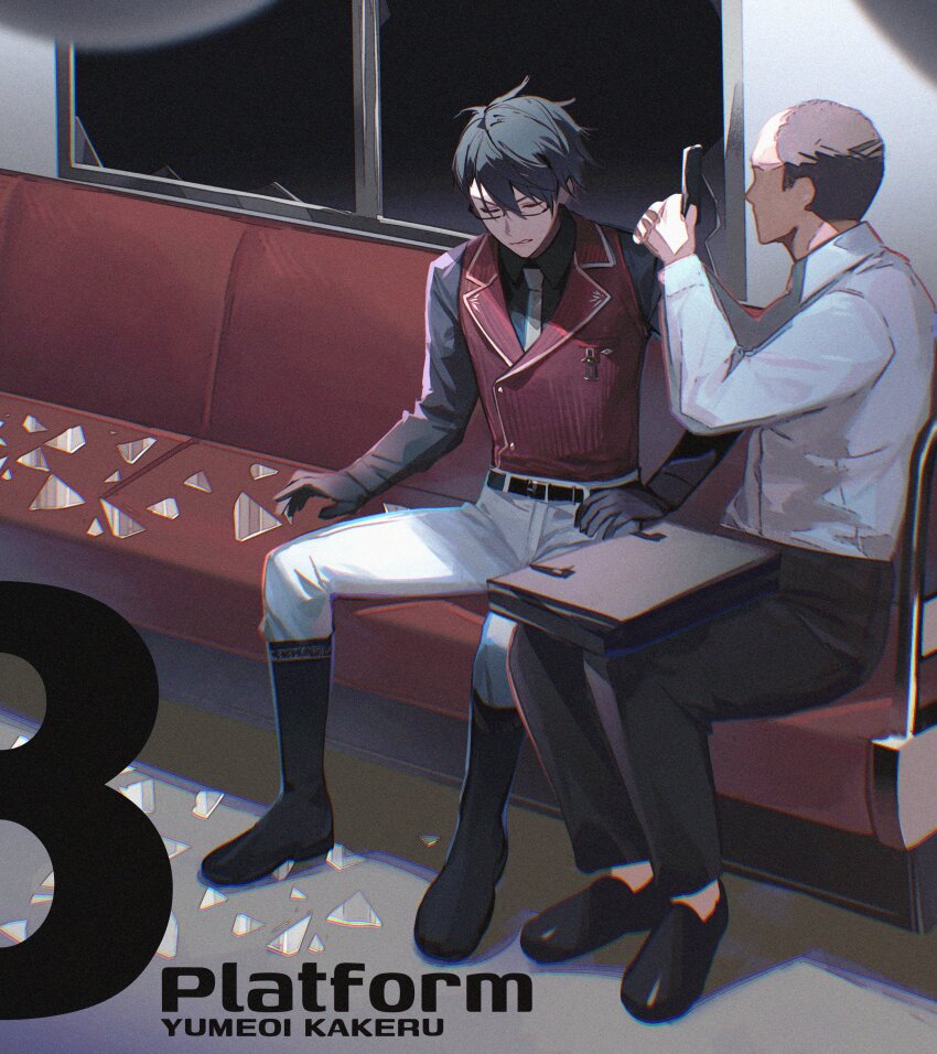 2boys absurdres belt black-framed_eyewear black_belt black_footwear black_gloves black_hair black_pants black_shirt boots broken_glass broken_window character_name collared_shirt glass gloves highres iv_4t multiple_boys necktie nijisanji pants shirt shirt_tucked_in sitting the_exit_8 train_interior virtual_youtuber white_necktie white_pants white_shirt yumeoi_kakeru yumeoi_kakeru_(3rd_costume)