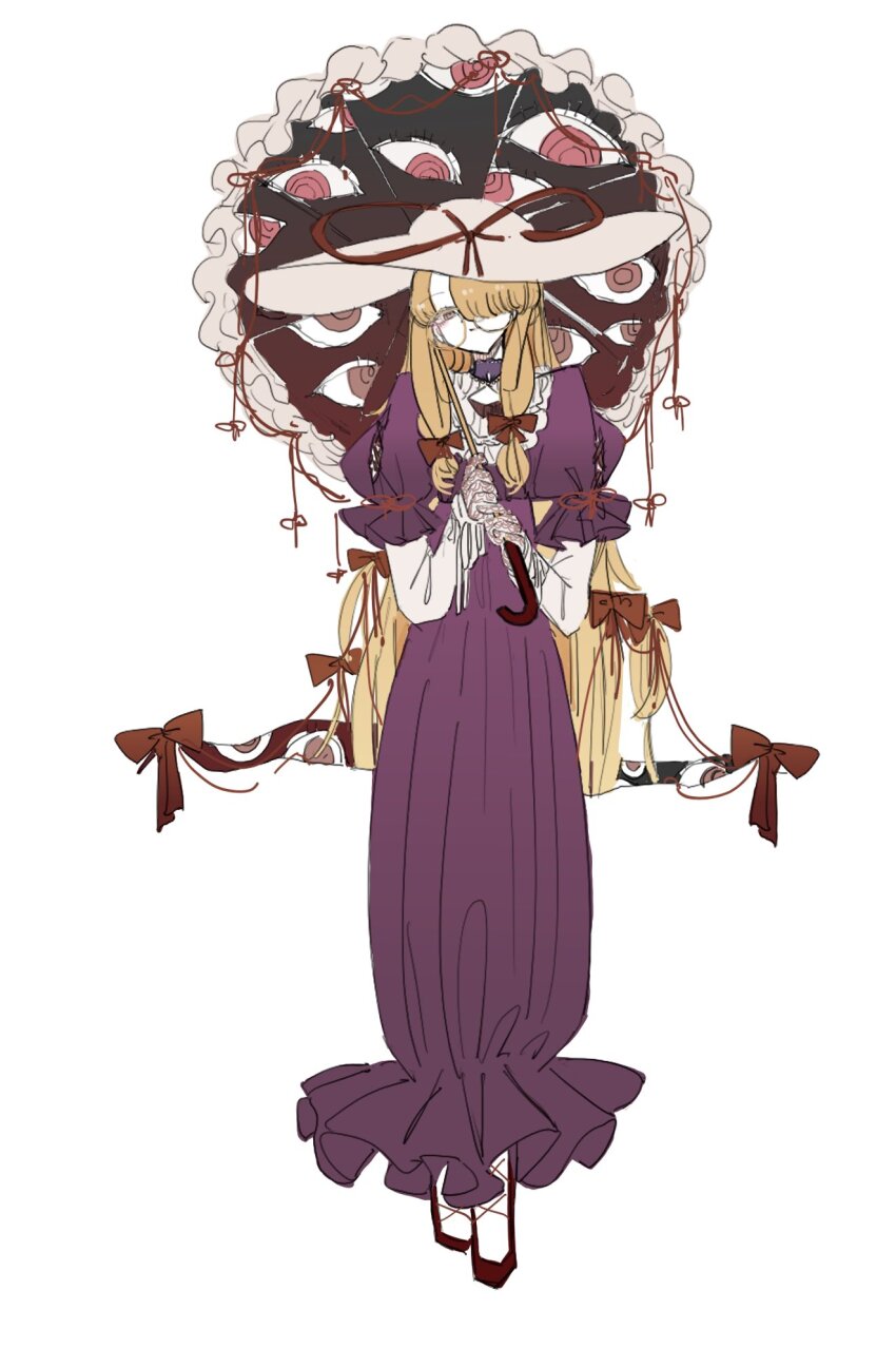 1girl alternate_costume blonde_hair dress full_body gap_(touhou) glasses gloves hair_ribbon hat highres holding holding_umbrella lace lace_gloves long_hair long_sleeves looking_at_viewer one_eye_covered purple_dress purple_eyes red_shoes ribbon round_eyewear shoes smile solo touhou umbrella very_long_hair white_background white_gloves white_sleeves yakumo_yukari zenritsu