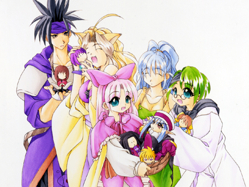 1boy 4girls ^_^ albert_corraine animal_ears apron armor atelier-moo bare_shoulders basket black_cape black_hair black_headband blonde_hair blue_cape blue_hair blue_headband bow breasts brown_eyes brown_hair cape capelet celine_whitesnow character_doll cheek-to-cheek cleavage closed_eyes closed_mouth collarbone cowboy_shot diana_rainey doll fang fingerless_gloves fox_ears frills glasses gloves green_eyes green_hair hair_bow happy headband heads_together holding holding_basket holding_doll large_breasts laura_newfield long_hair long_sleeves looking_at_viewer medium_hair multicolored_hair multiple_girls open_hand open_mouth oversized_clothes parted_bangs pink_bow pink_capelet pink_hair ribbon shirt short_hair simple_background skirt smile spiked_hair standing tachibana_yura tooth very_long_hair wavy_hair white_background wide_ponytail wide_sleeves yuukyuu_gensoukyoku