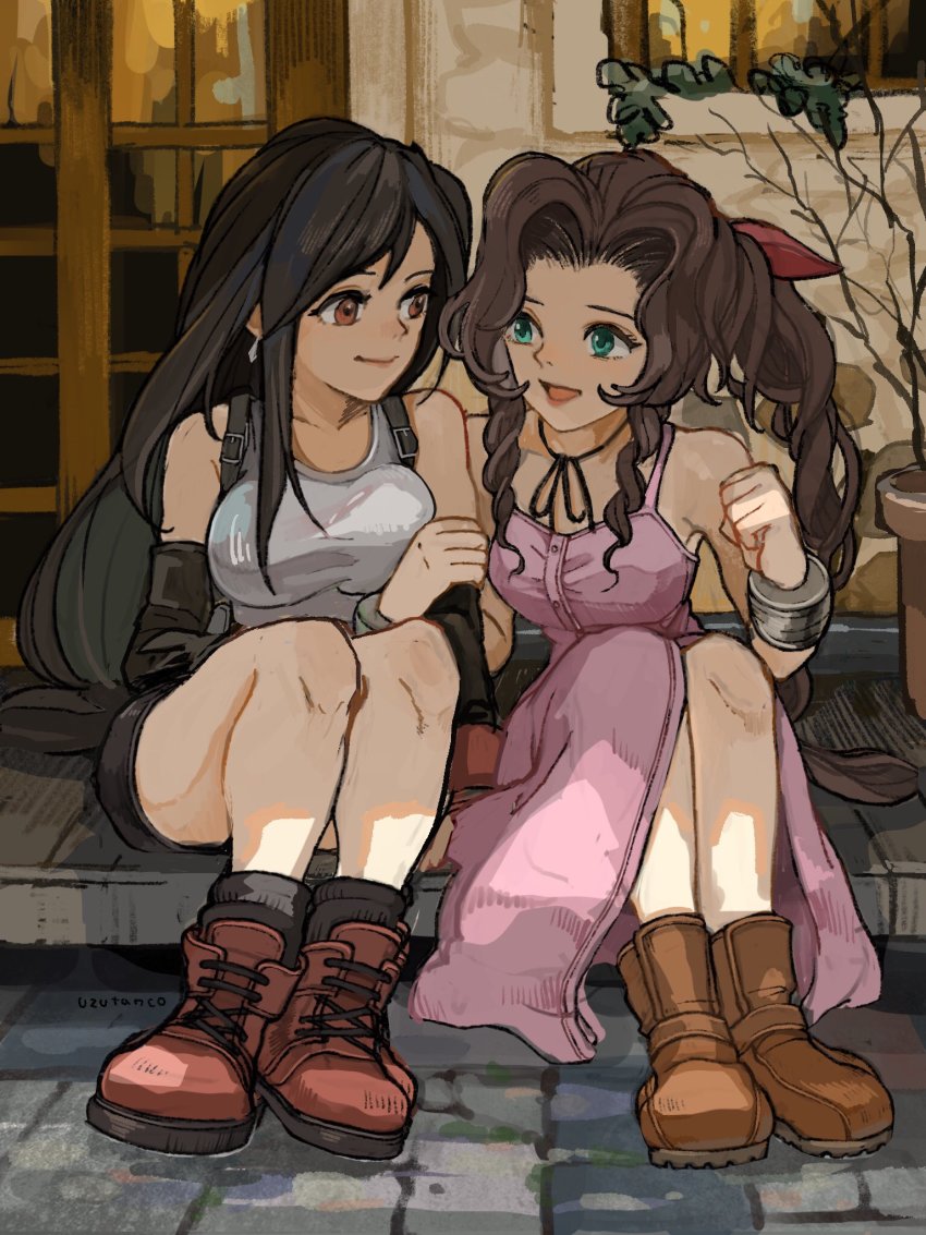 2girls aerith_gainsborough bangle bare_shoulders black_gloves black_hair black_skirt boots bracelet braid braided_ponytail breasts brick_floor brown_eyes brown_footwear brown_hair choker door dress earrings elbow_gloves final_fantasy final_fantasy_vii front_slit full_body gainsborough_house gloves green_eyes hair_ribbon highres holding_another&#039;s_arm house jewelry large_breasts long_dress long_hair looking_at_another medium_breasts miniskirt_pirates multiple_girls open_mouth parted_bangs pink_dress pink_ribbon porch red_footwear ribbon shirt sidelocks sitting skirt sleeveless sleeveless_dress sleeveless_shirt smile square_enix suspenders tifa_lockhart uzutanco white_shirt window