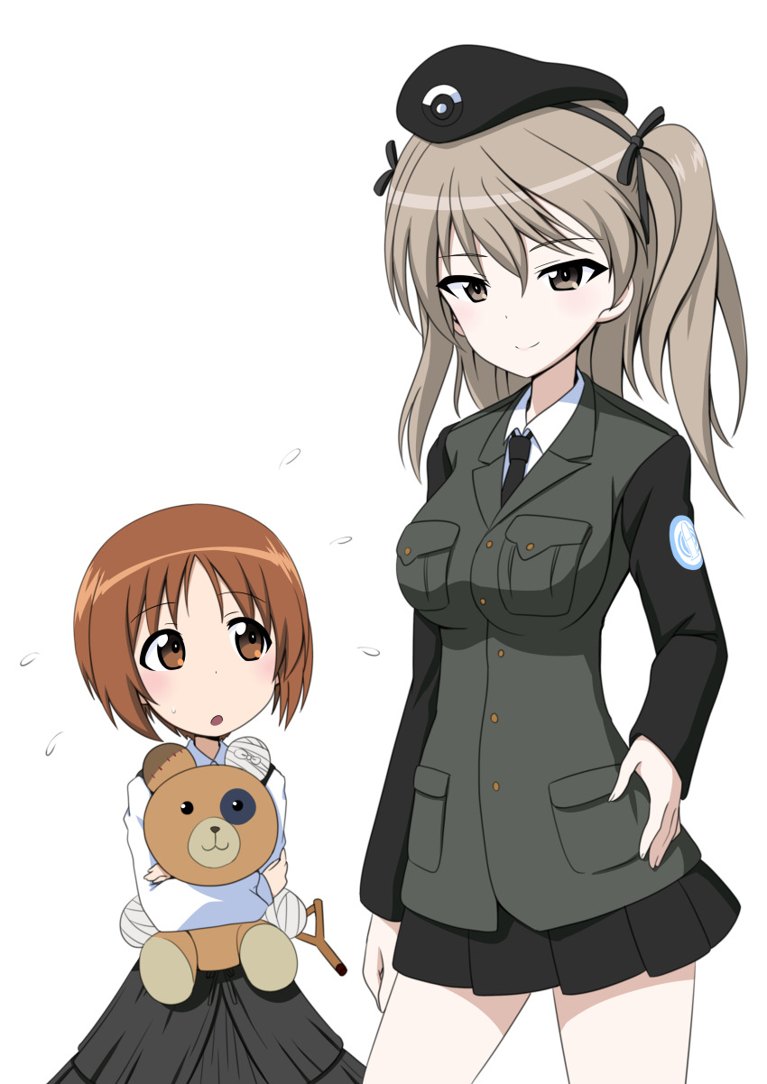 2girls absurdres age_switch aged_down aged_up alternate_breast_size alternate_costume black_skirt boko_(girls_und_panzer) breasts brown_eyes brown_hair collared_shirt cosplay girls_und_panzer girls_und_panzer_gekijouban grey_hair grey_jacket highres jacket large_breasts long_hair long_sleeves miniskirt multiple_girls nekota_susumu nishizumi_miho pleated_skirt selection_university_military_uniform shimada_arisu shimada_arisu_(cosplay) shirt short_hair skirt slingshot_(weapon) stuffed_animal stuffed_toy suspender_skirt suspenders teddy_bear white_shirt