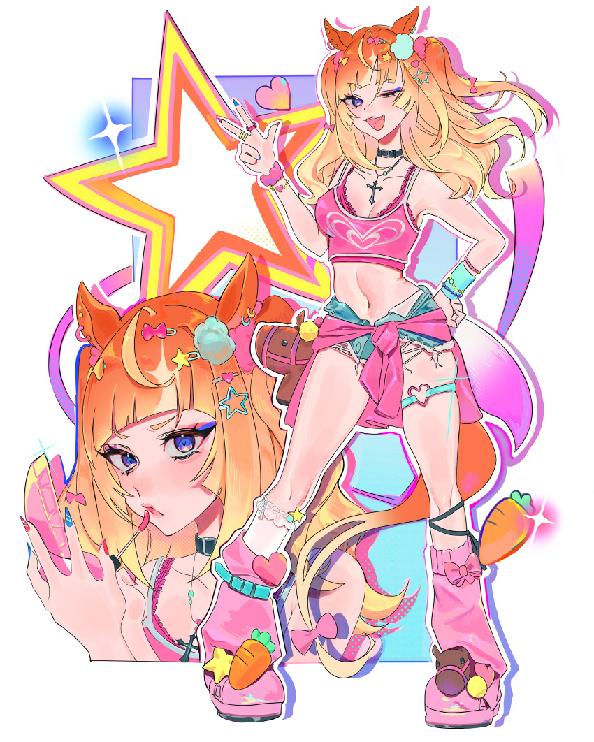 1girl absurdres aegyo_sal applying_makeup bra breasts carrot cleavage commentary cross cross_necklace denim denim_shorts espoir_city_(umamusume) eyeshadow fashion gyaru hair_ornament hand_on_own_hip highres horse_girl jewelry leg_warmers lipgloss long_hair looking_at_viewer makeup medium_breasts multiple_views navel necklace one_side_up orange_hair pink_bra pink_leg_warmers shorts si_(sitisi_28) simple_background sparkle standing star_(symbol) star_hair_ornament umamusume underwear w white_background y2k_fashion