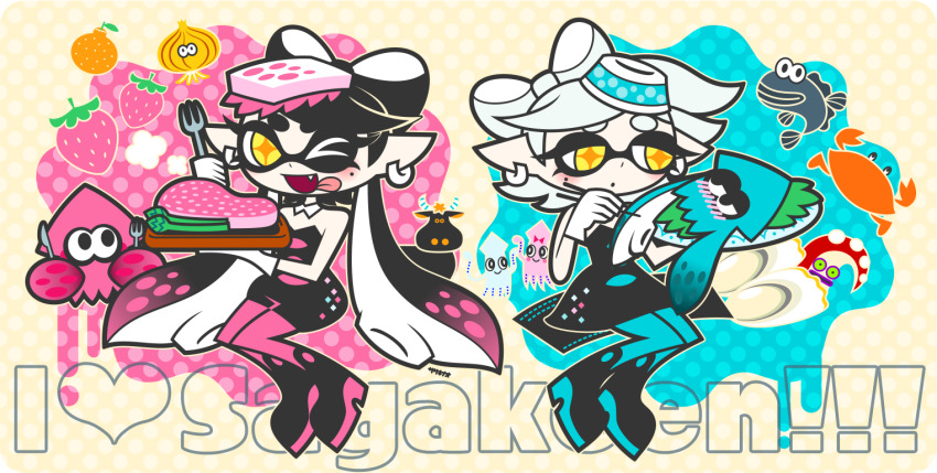 alternate_color callie_(splatoon) callie_(squid_sisters_outfit)_(splatoon) chopsticks crab eating fish food holding holding_chopsticks holding_plate inkling inkling_(swim_form) inkling_player_character looking_at_another looking_at_food looking_at_viewer marie_(splatoon) marie_(squid_sisters_outfit)_(splatoon) meat nintendo octotrooper one_eye_closed plate sasakinao splatoon_(series) splatoon_1 squid tongue tongue_out