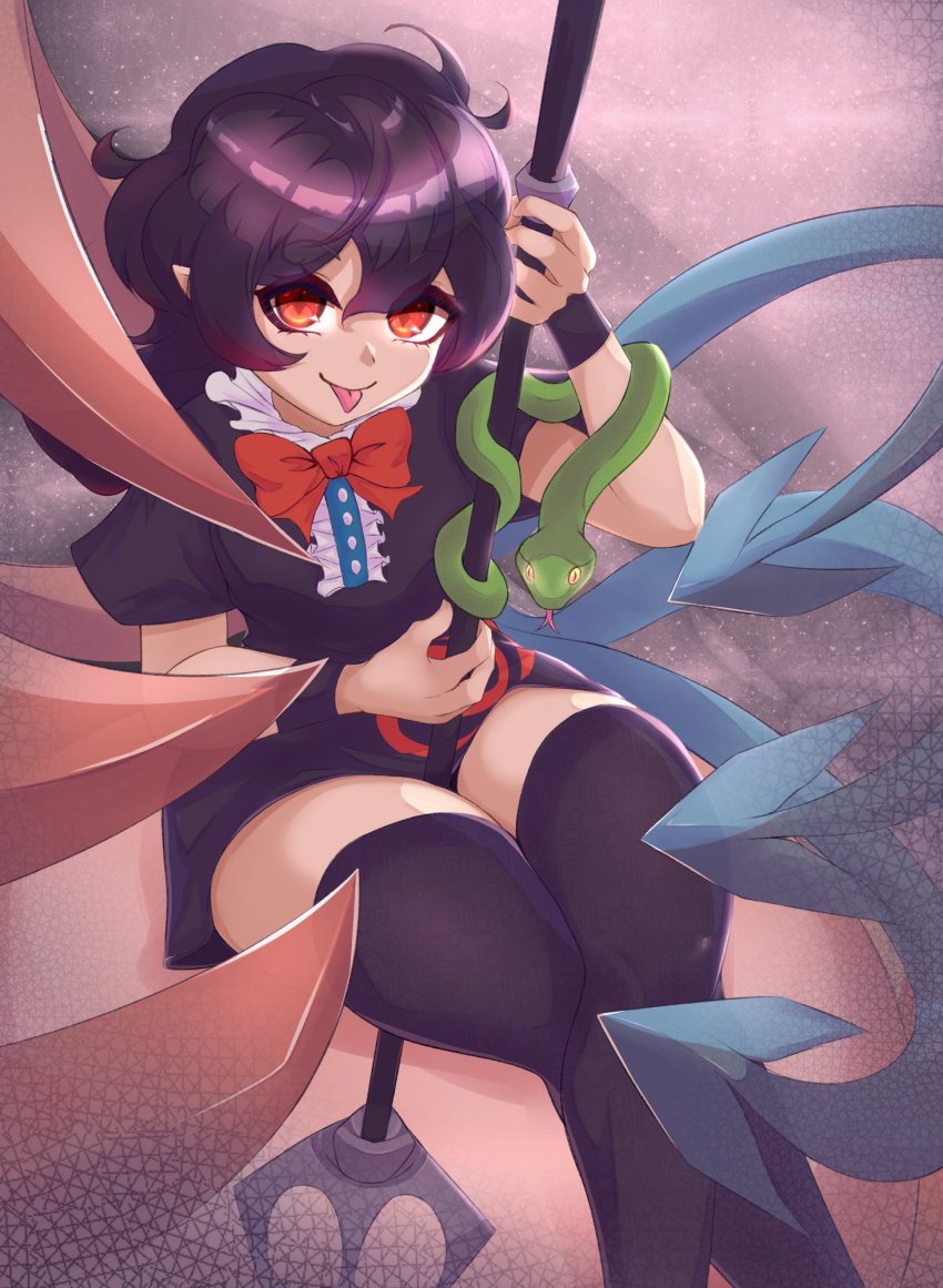 1girl asymmetrical_wings black_dress black_hair black_thighhighs blue_wings bow bowtie buttons center_frills closed_mouth commentary_request diamond-shaped_pupils diamond_(shape) dress feet_out_of_frame flat_chest frilled_dress frills fub_(fubimanji) hair_between_eyes highres holding holding_polearm holding_weapon houjuu_nue looking_at_viewer medium_hair nue_day orange_eyes pointy_ears polearm red_bow red_bowtie red_wings short_dress short_sleeves sitting smile snake solo symbol-shaped_pupils thick_thighs thighhighs thighs tomoe_(symbol) tongue tongue_out touhou ufo weapon wings