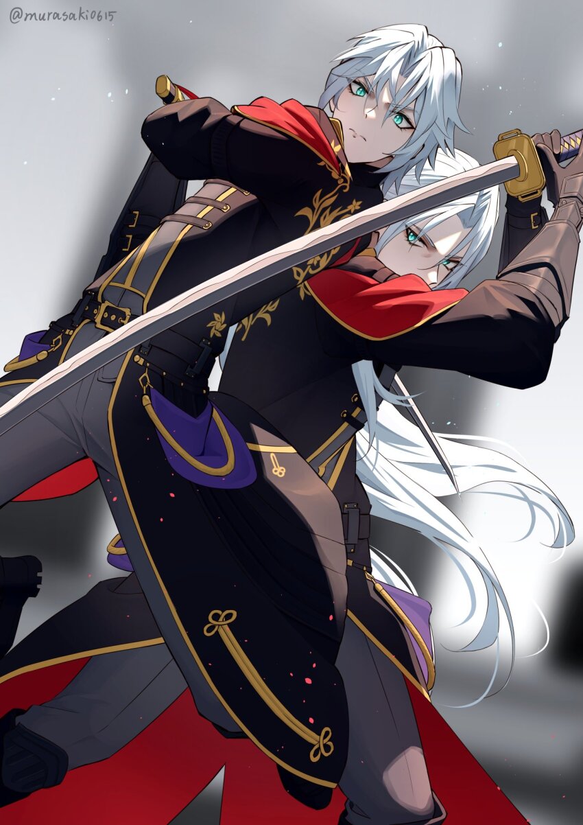 aqua_eyes black_boots black_coat blurry blurry_background boots cape closed_mouth coat feet_out_of_frame fighting_stance final_fantasy final_fantasy_vii final_fantasy_vii_ever_crisis furrowed_brow gold_trim grey_hair grey_pants hair_between_eyes highres holding holding_sword holding_weapon jacket long_coat long_hair masamune_(ff7) military_jacket military_uniform official_alternate_costume pants parted_bangs red_cape sephiroth sephiroth_(ever_crisis) sephiroth_(shinra_formal_uniform) short_hair slit_pupils sword twitter_username weapon zi_(murasaki0615)