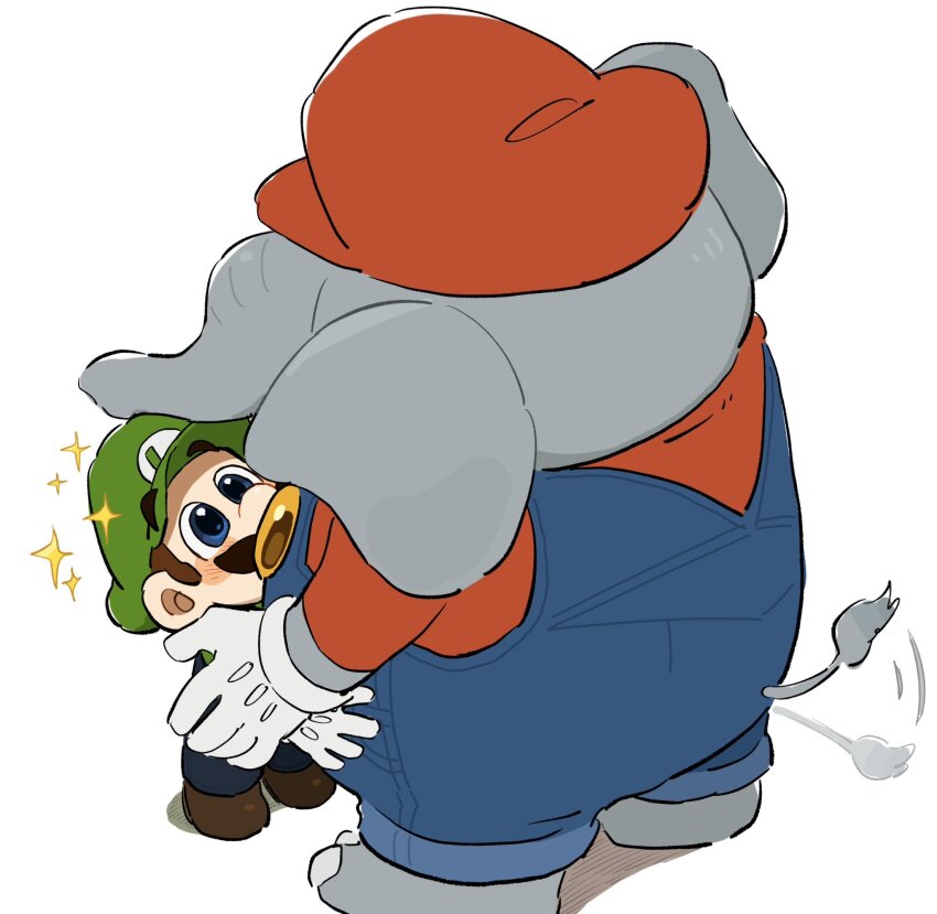 2boys animal_ears barefoot blue_eyes blue_overalls brothers brown_footwear brown_hair cabbie_hat elephant_boy elephant_ears elephant_mario elephant_tail facial_hair hat highres initial letter_print luigi male_focus mario mario_(series) mimimi_(mimimim9999) multiple_boys mustache nintendo outstretched_arms overalls siblings super_mario_bros._wonder