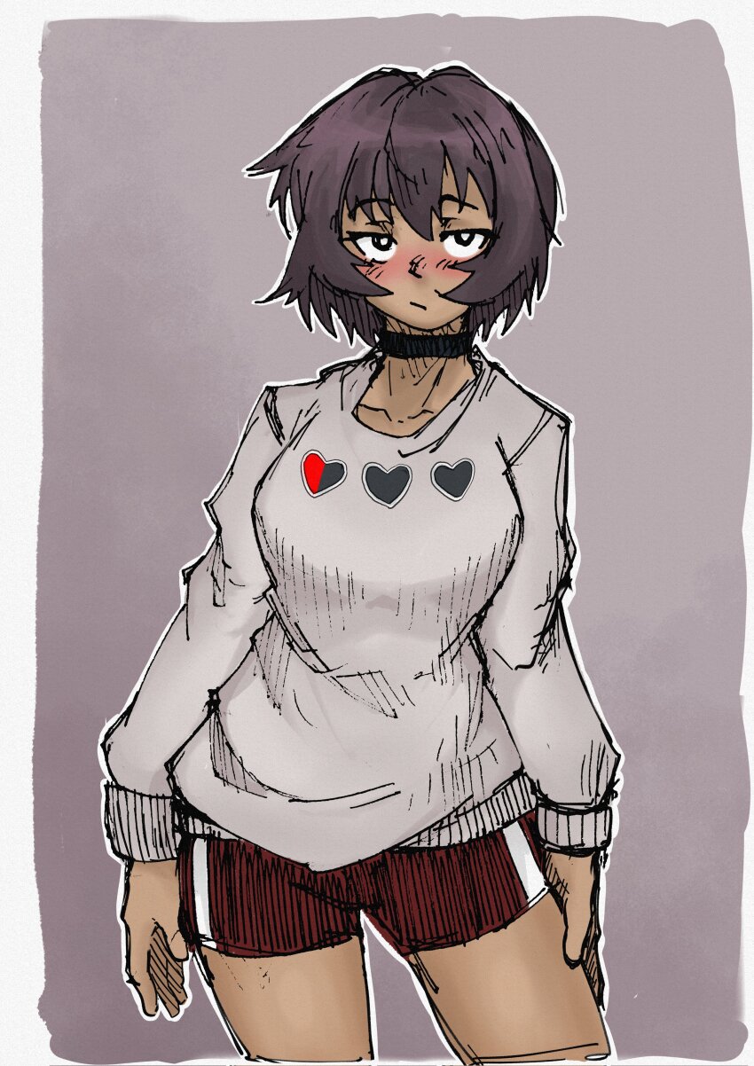 1girl absurdres ameh_li azumanga_daiou bike_shorts black_choker black_hair choker collarbone commentary dark-skinned_female dark_skin grey_background grey_sweater heart highres kagura_(azumanga_daioh) looking_at_viewer print_sweater red_shorts short_hair shorts solo standing sweater