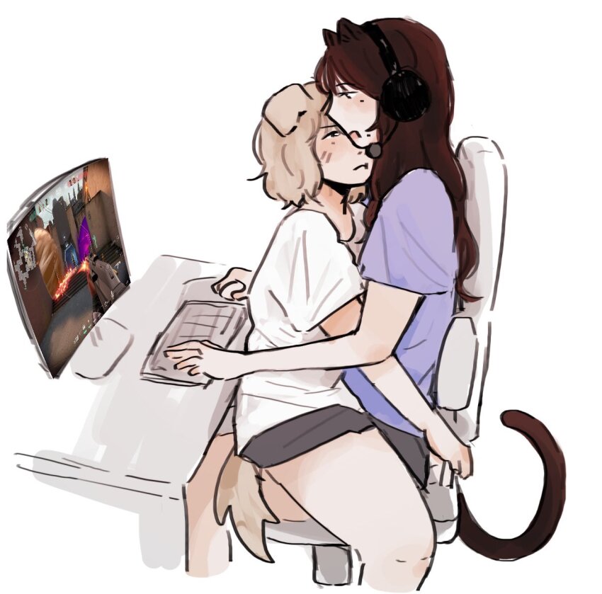 2girls aespa animal_ears black_shorts blonde_hair brown_hair cat_ears cat_girl cat_tail closed_mouth commentary computer computer_keyboard computer_mouse delusional965 dog_ears dog_girl dog_tail english_commentary headphones highres k-pop karina_(aespa) kemonomimi_mode long_hair mole mole_under_eye mole_under_mouth multiple_girls open_mouth playing_games purple_shirt real_life shirt short_sleeves shorts sitting sitting_on_lap sitting_on_person tail white_shirt winter_(aespa) yuri
