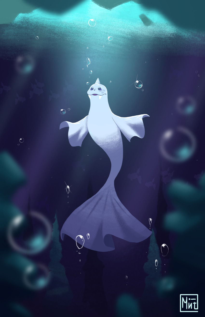 absurdres air_bubble black_eyes bubble cameo commentary creature dark dewgong english_commentary fangs fish full_body gen_1_pokemon gen_2_pokemon highres horns mintfoox nintendo no_humans pokemon pokemon_(creature) remoraid remoraid_(cameo) signature single_horn solo_focus swimming underwater
