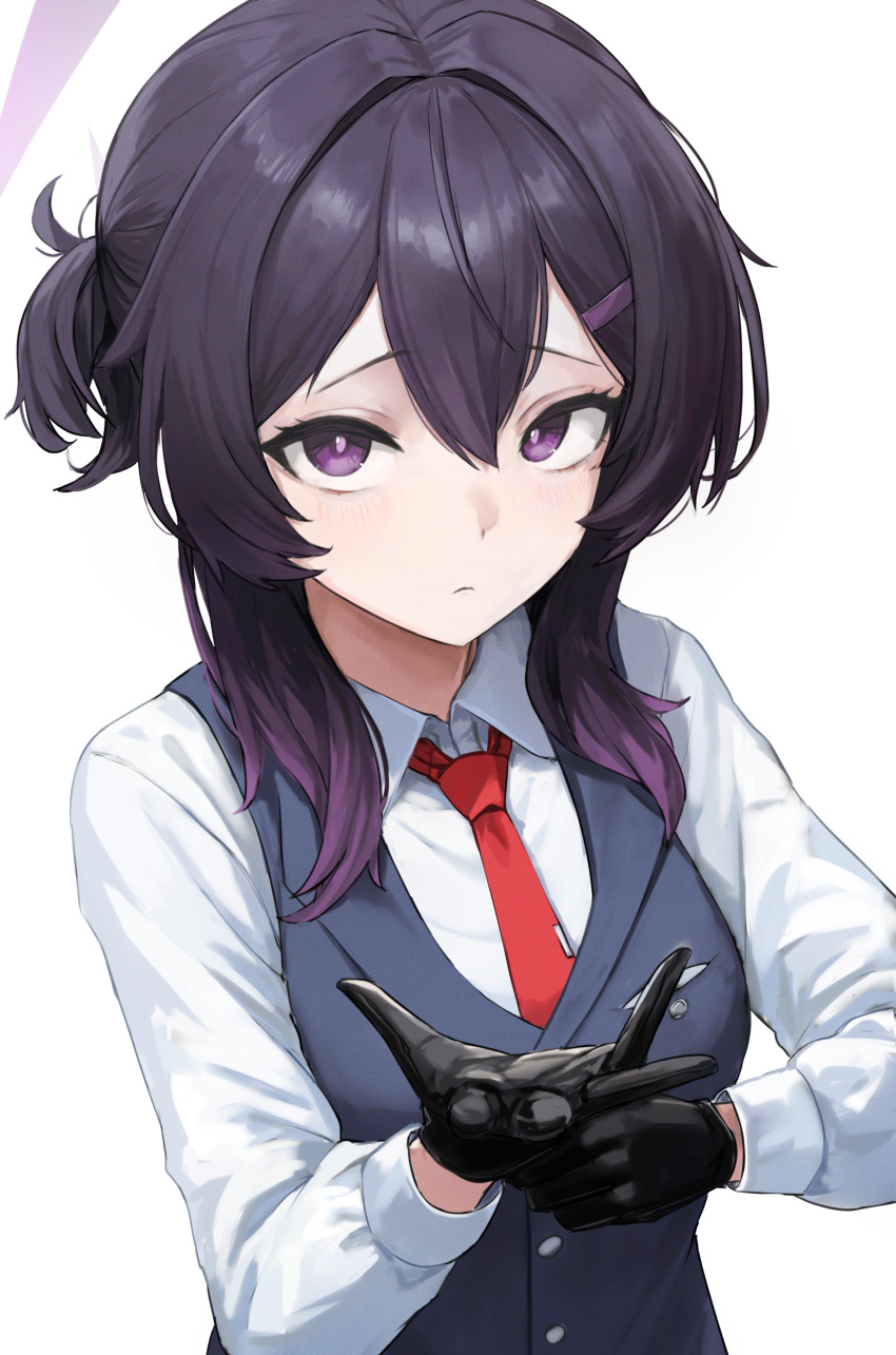 1girl absurdres adjusting_clothes adjusting_gloves black_gloves black_vest blue_archive butler closed_mouth commentary_request female_butler gabang gloves hair_between_eyes hair_intakes halo haruka_(blue_archive) haruka_(suit)_(blue_archive) highres long_sleeves looking_at_viewer multicolored_hair necktie official_alternate_costume official_alternate_hairstyle purple_eyes purple_hair purple_halo red_necktie shirt simple_background solo streaked_hair vest white_background white_shirt