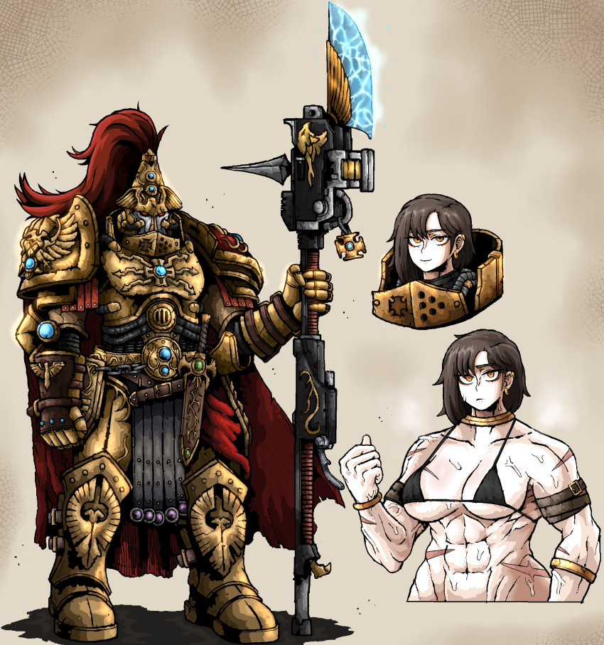 1girl abs absurdres adeptus_custodes armor bolter breasts gauntlets gold_armor guardian_spear helmet highres holding holding_polearm holding_weapon imperial_aquila large_breasts muscular muscular_female octosoup pauldrons polearm red_plume scar scar_on_arm scar_on_stomach shoulder_armor smile solo spear sweat warhammer_40k weapon