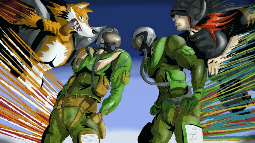 2boys ace_combat ace_combat_5 ace_combat_7:_skies_unknown blaze_(ace_combat) commentary emphasis_lines english_commentary gloves gun handgun haonfest helmet highres jojo_no_kimyou_na_bouken jojo_pose multiple_boys pilot_helmet pilot_suit razgriz red_hair revolver trigger_(ace_combat) weapon wolf