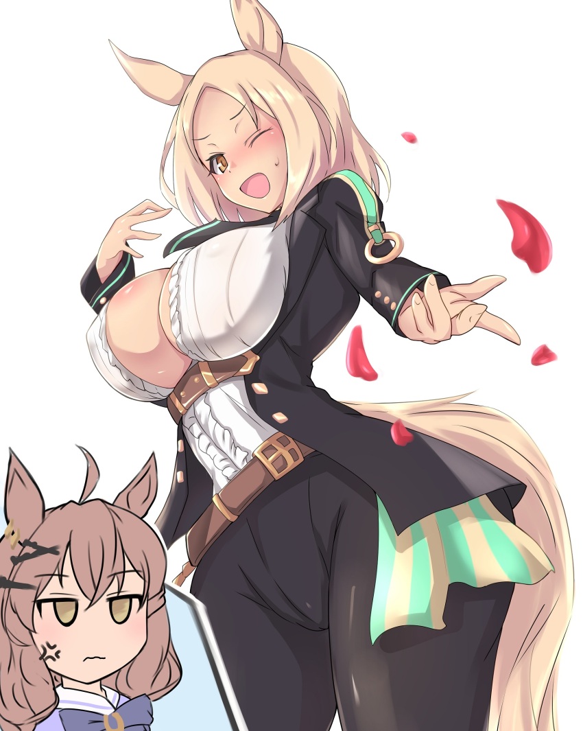 2girls ;d ahoge anger_vein animal_ears belt black_jacket black_necktie black_pants blonde_hair blush bow bowtie breasts brown_belt brown_eyes brown_hair center_frills cleavage closed_mouth commentary_request cosplay cowboy_shot ear_ornament earrings frilled_shirt frills frown fuji_kiseki_(umamusume) fuji_kiseki_(umamusume)_(cosplay) gold_trim hair_between_eyes hair_ornament hairclip hand_up highres horse_ears horse_girl horse_tail jacket jewelry jitome jungle_pocket_(umamusume) large_breasts long_sleeves looking_at_viewer medium_hair multiple_girls narita_top_road_(umamusume) necktie nose_blush omnc-eng one_eye_closed open_clothes open_jacket open_mouth pants parted_bangs petals purple_bow purple_bowtie purple_shirt rose_petals sailor_collar sailor_shirt school_uniform shirt short_hair sidelocks simple_background single_earring smile standing tail tracen_school_uniform umamusume underbust white_background white_shirt yellow_eyes