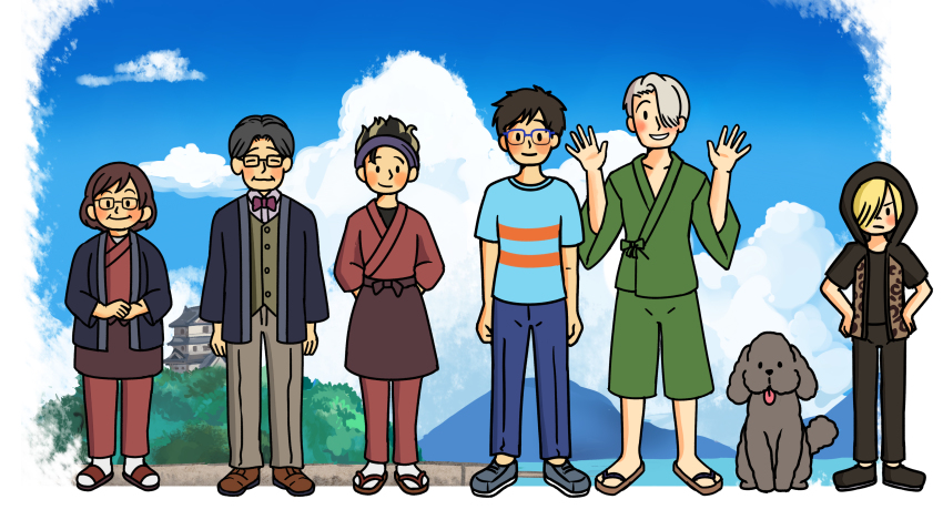 2girls 4boys absurdres arms_behind_back black_hair blonde_hair blue-framed_eyewear blue_sky bow bowtie brown_hair castle cloud day dog glasses hair_over_one_eye hands_on_own_hips highres hood hoodie japanese_clothes jinbei_(clothes) katsuki_hiroko katsuki_mari katsuki_toshiya katsuki_yuuri makkachin multiple_boys multiple_girls sandals silver_hair sky smile twc_(p-towaco) viktor_nikiforov yuri!!!_on_ice yuri_plisetsky