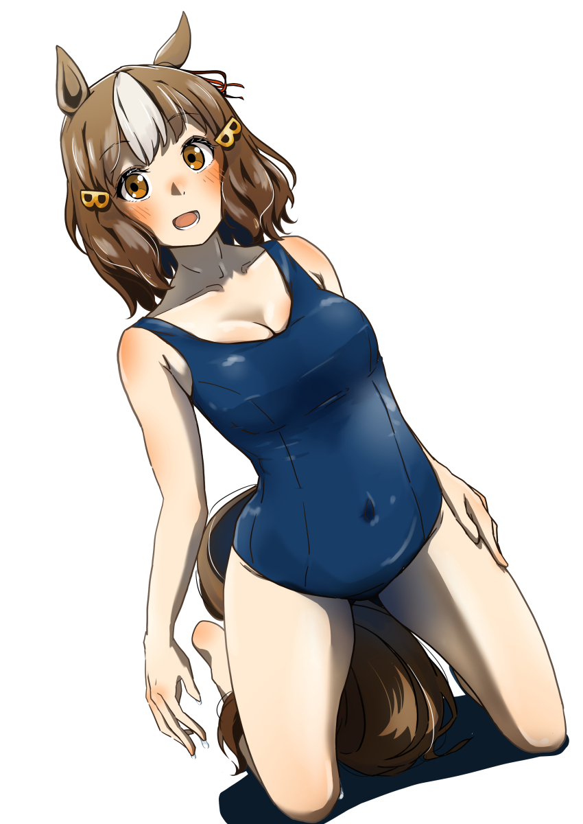 1girl absurdres animal_ears barefoot belno_light_(umamusume) blue_one-piece_swimsuit bob_cut breasts cleavage commentary covered_navel dutch_angle full_body hair_ornament highres horse_ears horse_girl horse_tail kneeling letter_hair_ornament looking_at_viewer medium_breasts multicolored_hair one-piece_swimsuit open_mouth petitpetitppp school_swimsuit shadow short_hair simple_background smile solo swimsuit tail two-tone_hair umamusume umamusume:_cinderella_gray white_background white_hair
