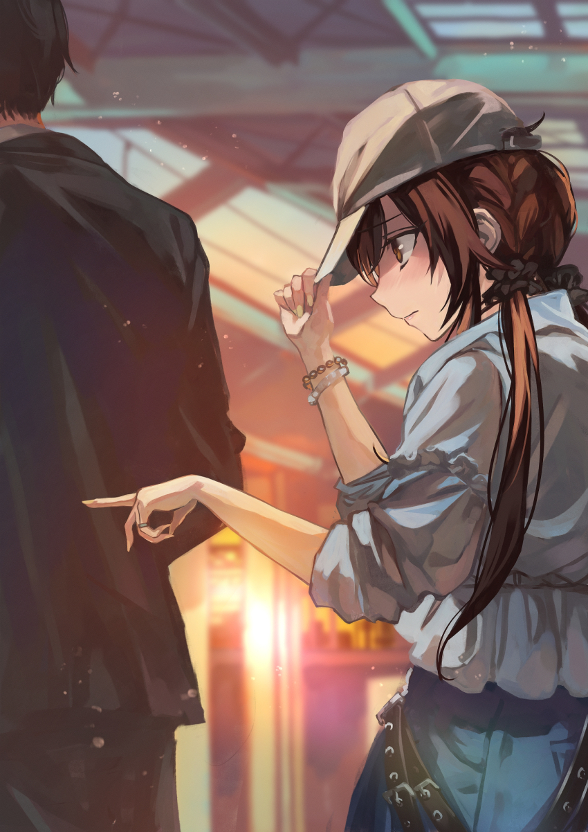 1boy 1girl baseball_cap black_scrunchie black_suit blue_shirt bracelet brown_eyes brown_hair formal_clothes hair_ornament hair_scrunchie hand_on_headwear hat highres idolmaster idolmaster_shiny_colors jewelry long_hair low_twintails multiple_bracelets nail_polish osaki_amana otsudou producer_(idolmaster) ring scrunchie shirt short_hair sleeves_pushed_up suit twintails white_hat yellow_nails