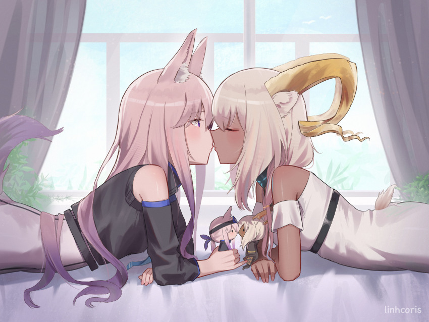 2girls absurdres animal_ears arknights artist_name beeswax_(arknights) black_jacket cardigan_(arknights) character_doll closed_eyes clothing_cutout commentary commission curtains dark-skinned_female dark_skin dog_ears dog_girl dog_tail doll dress english_commentary goat_ears goat_girl goat_horns goat_tail highres horns imminent_kiss indoors jacket linhcoris long_hair looking_at_another lying multiple_girls on_stomach pink_hair purple_eyes shoulder_cutout tail white_dress white_hair yuri
