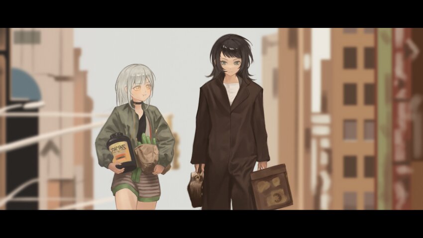 2girls absurdres bag bang_dream! bang_dream!_it&#039;s_mygo!!!!! black_choker black_coat black_hair blurry blurry_background choker coat commentary cucumber green_eyes green_jacket greep9485 grey_shorts highres holding holding_bag jacket letterboxed long_hair medium_hair multiple_girls pout shorts wakaba_mutsumi yahata_umiri yellow_eyes