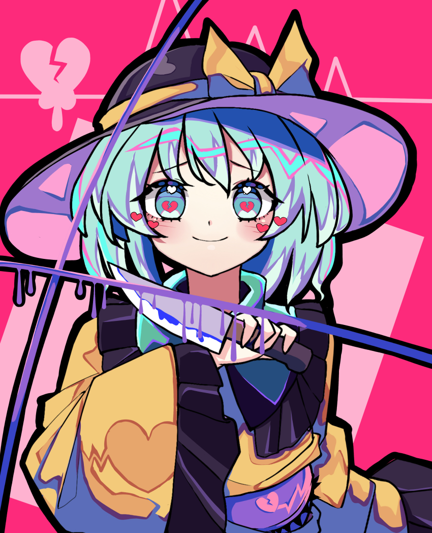 1girl absurdres aqua_eyes aqua_hair bad_id bad_pixiv_id black_hat blouse blush chinese_commentary closed_mouth collared_shirt commentary_request eyeball frilled_shirt_collar frilled_sleeves frills furrowed_brow hair_between_eyes hat hat_ribbon heart highres komeiji_koishi kyouda_suzuka_(style) lian_mang long_sleeves looking_at_viewer magenta_background medium_hair parody pink_background ribbon shirt sidelocks smile solo style_parody third_eye touhou upper_body wavy_hair wide_sleeves yellow_ribbon yellow_shirt