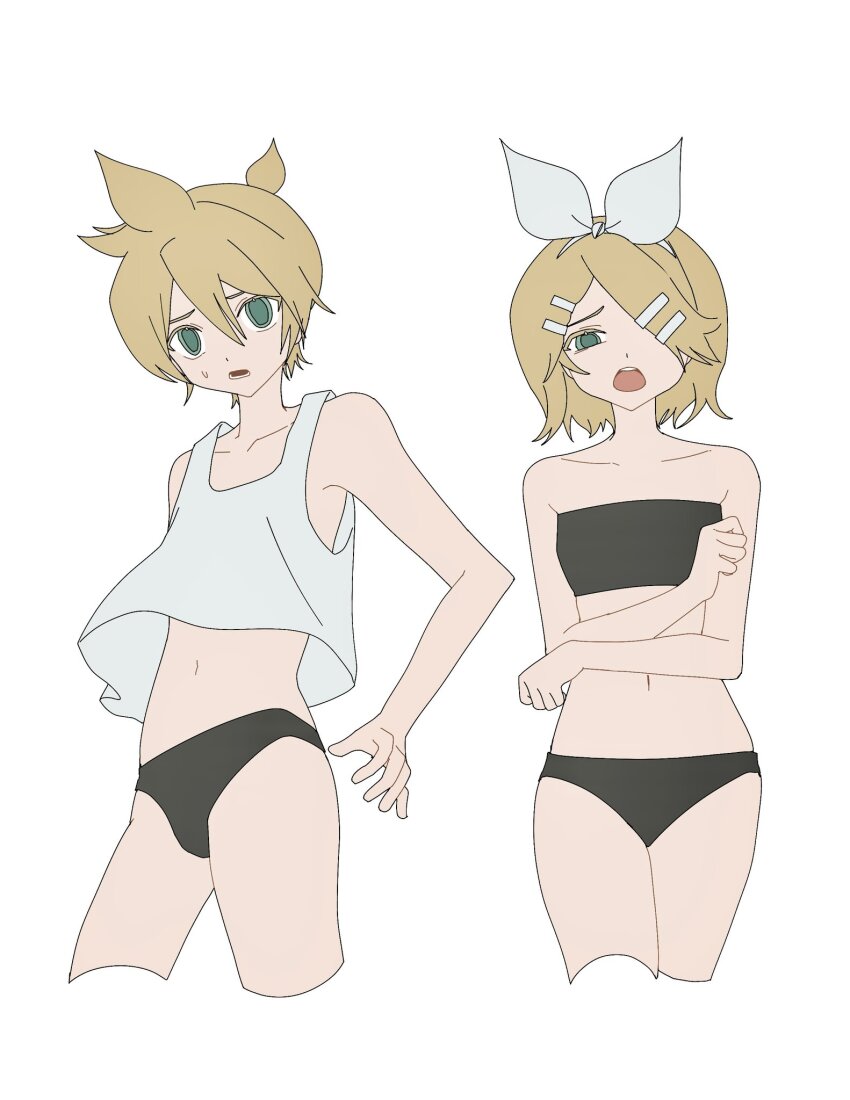 1boy 1girl bandeau bare_arms bare_shoulders black_bandeau black_male_underwear black_panties blonde_hair bow bow_hairband breasts briefs collarbone cowboy_shot cropped_legs crossed_arms dot_nose green_eyes hair_between_eyes hair_bow hair_ornament hair_over_one_eye hairband hairclip highres kagamine_len kagamine_rin looking_at_viewer male_underwear midriff multiple_hair_clips myang_(_0_0_o_o_) navel open_mouth panties parallel_hairclips ponytail short_hair short_ponytail sidelocks simple_background small_breasts spiked_hair stomach sweatdrop tank_top teeth underwear upshirt vocaloid white_background white_bow white_tank_top