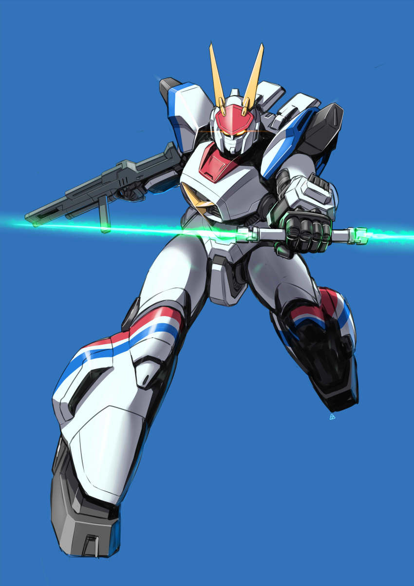 absurdres blue_background d-1 double_blade energy_sword gun highres holding holding_gun holding_sword holding_weapon kikou_senki_dragonar looking_at_viewer mecha mercy_rabbit no_humans robot science_fiction solo sword weapon yellow_eyes
