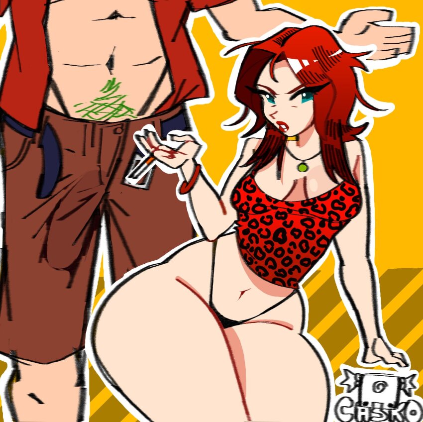 1boy 1girl abs artist_name axel_(crazy_taxi) belt blue_eyes breasts bulge casko cigarette cleavage crazy_taxi dream_casko gena_(crazy_taxi) highres jewelry large_breasts lipstick long_hair makeup male_pubic_hair navel necklace open_clothes open_shirt pubic_hair red_hair sega shiny_skin sitting tank_top thick_thighs thighs thong wide_hips