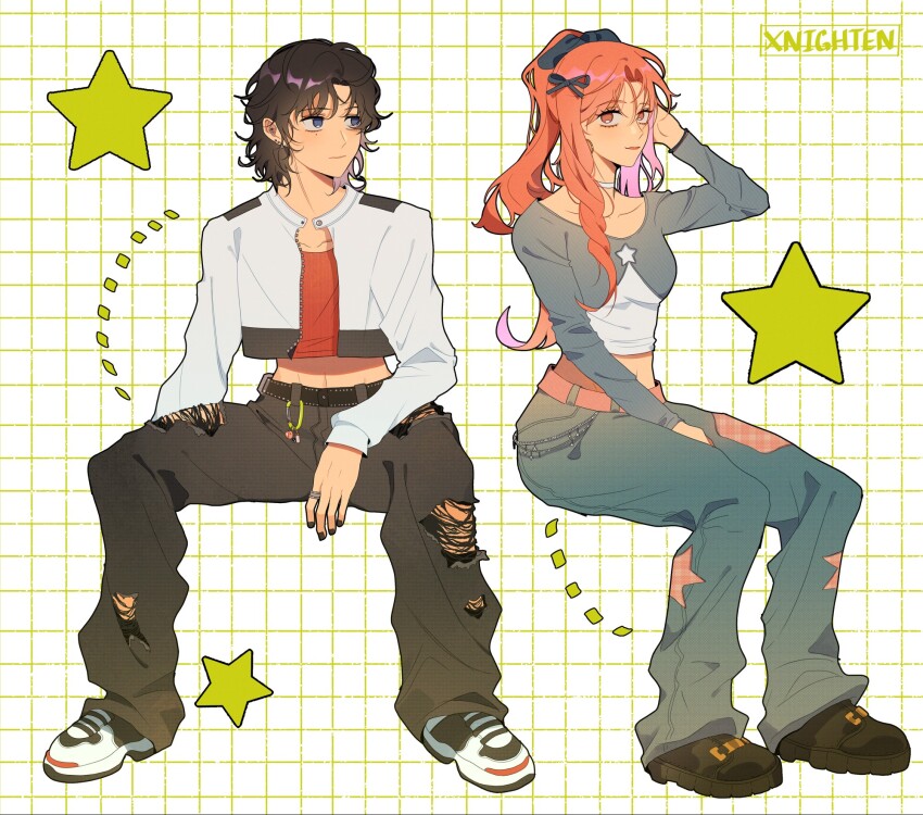2girls artist_name baggy_pants belt black_belt black_hair black_pants black_ribbon black_shoes blue_eyes carabiner charm_(object) collarbone commentary cropped_jacket english_commentary full_body grey_pants grey_shirt grid_background hair_ribbon hand_on_own_head highres invisible_chair jacket kininatteru_hito_ga_otoko_ja_nakatta koga_mitsuki long_hair long_sleeves messy_hair midriff multicolored_hair multiple_girls oosawa_aya open_clothes open_jacket orange_eyes orange_hair pants pink_hair red_shirt ribbon shirt shoes short_hair sitting sneakers star_(symbol) torn_clothes torn_pants two-tone_hair white_jacket white_shoes xnighten