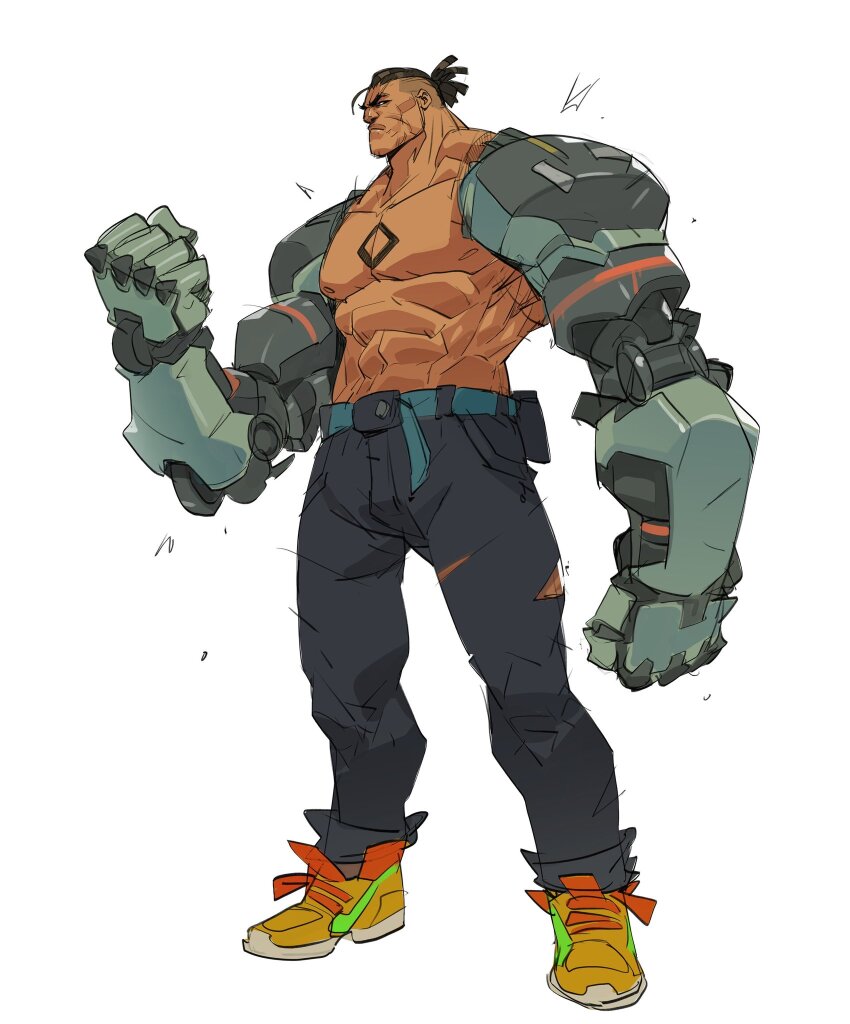 1boy bara belt black_pants blue_belt brown_hair facial_hair floyd_iraia_(streets_of_rage_4) hicham_habchi highres male_focus mechanical_arms multicolored_footwear orange_shoes pants scar scar_on_face serious shaved_head shoes streets_of_rage_4 stubble tan thick_eyebrows tied_locs topless_male torn_clothes torn_pants white_background yellow_shoes