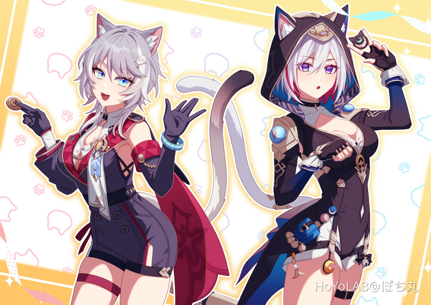 1girl 2girls animal_ear_fluff animal_ears animal_hood asymmetrical_gloves bare_shoulders belt black_belt black_gloves black_hood blue_eyes breasts cat_ears cat_girl cat_hood cat_tail cipher_(honkai:_star_rail) cipher_(honkai:_star_rail)_(cosplay) cleavage coin colored_inner_hair cosplay costume_switch cowboy_shot crescent ears_through_hood fingerless_gloves gloves gold_coin grey_hair hair_between_eyes hair_ornament highres holding holding_coin honkai:_star_rail honkai_(series) hood hooded_leotard kemonomimi_mode large_breasts looking_at_viewer multicolored_eyes multicolored_hair multiple_girls pink_eyes pochimaru_(marumaru_wanwan) purple_eyes red_hair shirt short_hair short_hair_with_long_locks smile streaked_hair tail thigh_belt thigh_strap thighs topaz_(honkai:_star_rail) topaz_(honkai:_star_rail)_(cosplay) uneven_gloves unitard white_hair yellow_eyes