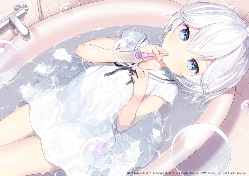 1girl afloat azur_lane bath bathing bathtub black_ribbon blue_eyes blush blowing_bubbles bubble_pipe capriccio closed_mouth commentary_request dress grey_hair hair_between_eyes hands_up holding looking_at_viewer lying neck_ribbon official_art on_back ribbon sailor_collar sailor_dress see-through_clothes short_sleeves solo tile_floor tile_wall tiles u-110_(azur_lane) wet wet_clothes wet_dress white_dress white_sailor_collar