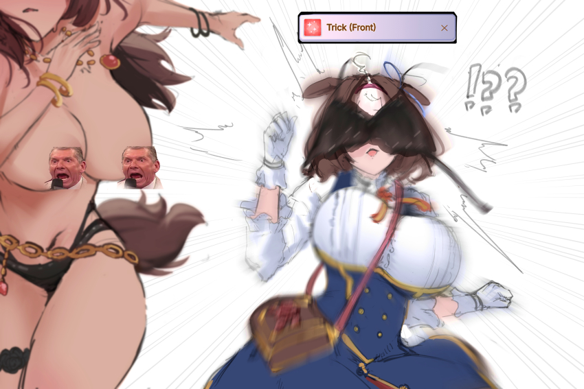 !? 2girls ^^^ absurdres accidental_exposure animal_ears areola_slip bikini black_bikini black_skirt breasts brown_hair censored censored_nipples commentary ears_down gloves highres horse_ears horse_girl large_breasts long_sleeves maruzensky_(hot_summer_night)_(umamusume) maruzensky_(umamusume) meisho_doto_(turbulent_blue)_(umamusume) meisho_doto_(umamusume) meme multiple_girls navel open_mouth shirt shoulder_strap skirt stomach swimsuit topless_female umamusume unworn_bikini_top vince_mcmahon_reaction_(meme) weebchair white_gloves white_shirt