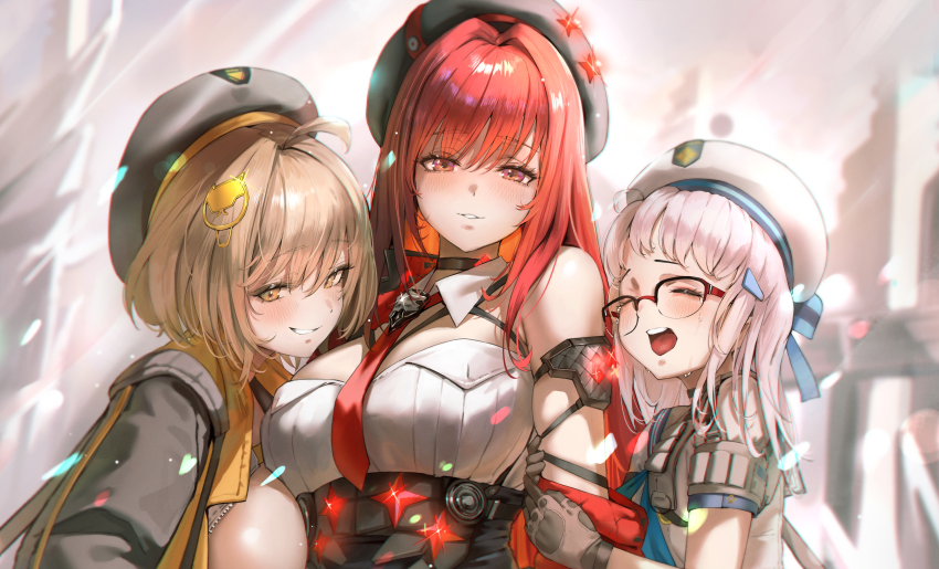 3girls absurdres ahoge anis_(nikke) beret black_gloves black_hat black_jacket breasts brown_eyes brown_hair closed_eyes counters_(nikke) gloves goddess_of_victory:_nikke hair_intakes hat highres jacket jindogod large_breasts looking_at_viewer medium_hair multiple_girls necktie neon_(nikke) open_mouth rapi_(nikke) rapi_(red_hood)_(nikke) red_eyes red_hair red_necktie smile teeth tongue upper_teeth_only white_hat