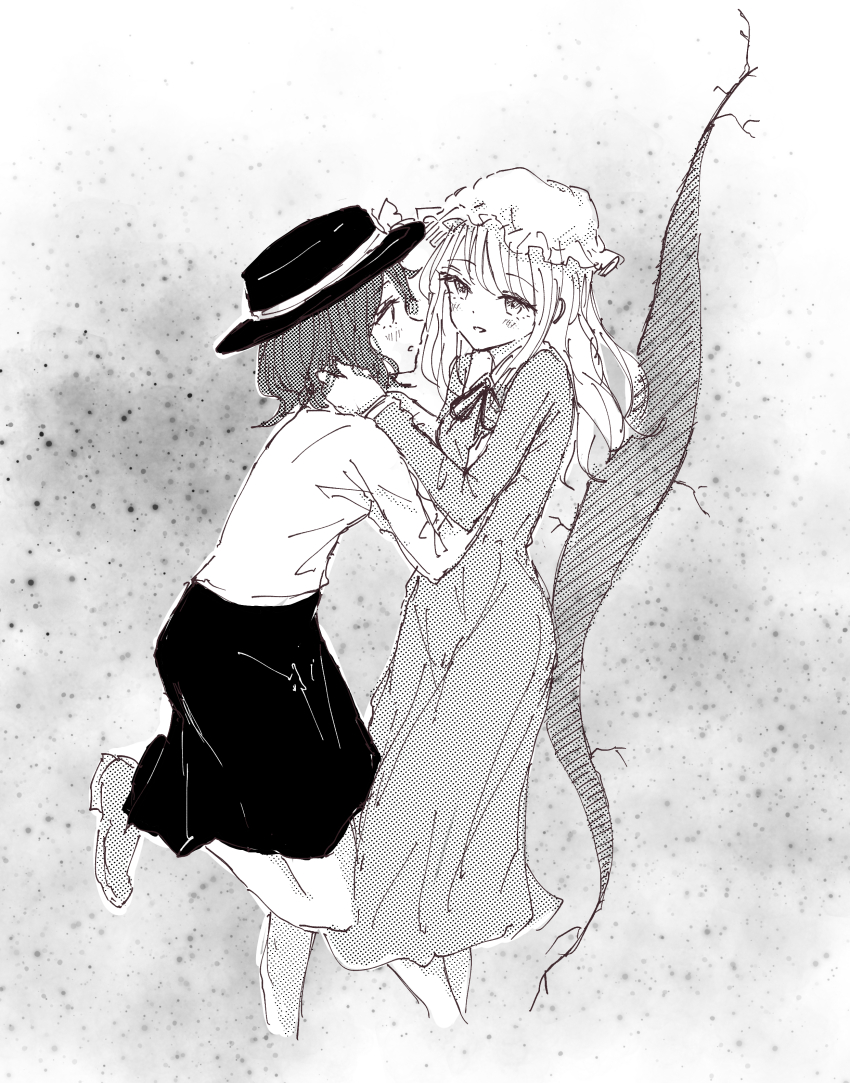 2girls absurdres black_hat black_skirt blonde_hair blush bow brown_hair collar commentary crack dress dress_ribbon gap_(touhou) greyscale hands_on_another&#039;s_neck hat hat_bow highres kashiwada_kiiho long_dress long_hair looking_at_another maribel_hearn mob_cap monochrome multiple_girls open_mouth shirt shoes short_hair skirt standing standing_on_one_leg touhou usami_renko white_bow white_collar white_hat white_shirt yuri