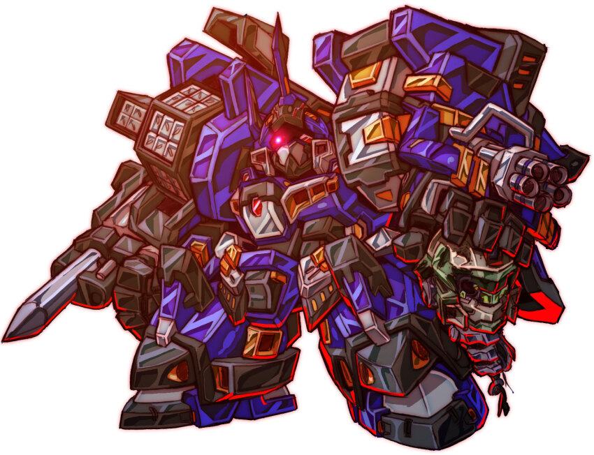 arm_cannon chibi gespenst_mk_iii glowing glowing_eye highres holding_detached_head horns looking_up mecha no_humans pile_bunker robot science_fiction severed_head single_horn super_robot_wars super_robot_wars_original_generation super_robot_wars_original_generation_2 uungunover weapon white_background