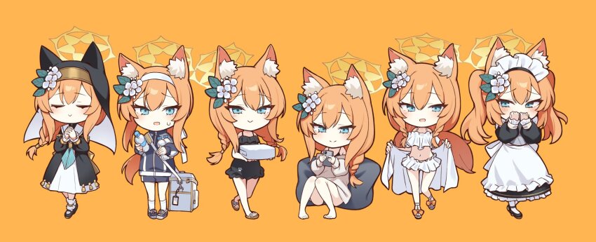 6+girls alternate_costume animal_ear_fluff animal_ear_headwear animal_ears apron bikini black_dress black_footwear black_hat black_jacket black_one-piece_swimsuit black_shorts blue_archive blue_eyes blush braid cat_ears cellphone closed_eyes closed_mouth coif dress enmaided fake_animal_ears flower frilled_apron frilled_bikini frills green_neckerchief gym_shorts gym_uniform habit hair_between_eyes hair_flower hair_ornament halo hat hat_flower highres holding holding_phone jacket long_hair long_sleeves maid maid_apron maid_headdress mari_(blue_archive) mari_(swimsuit)_(blue_archive) mari_(track)_(blue_archive) monobe_tsukuri multiple_girls multiple_persona neckerchief nun official_alternate_costume one-piece_swimsuit open_mouth orange_background orange_hair phone puffy_long_sleeves puffy_sleeves sandals shoes shorts simple_background single_braid smartphone smile socks swimsuit track_jacket twin_braids white_apron white_bikini white_flower white_socks yellow_halo